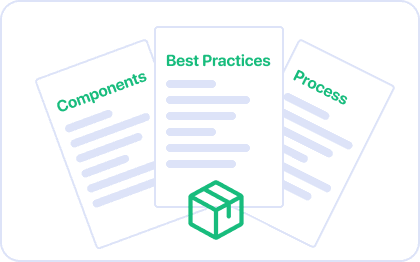 Mini-wireframe d’un hub documentaire centralisant règles, composants et guidelines.