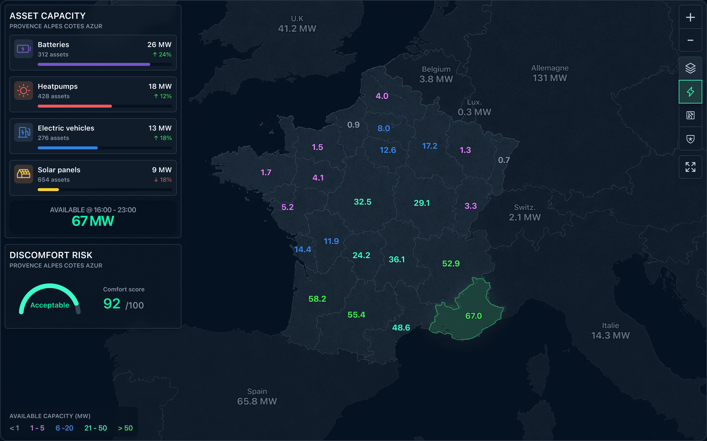 Map showing a selected zone of energy assets with available capacity highlighted.