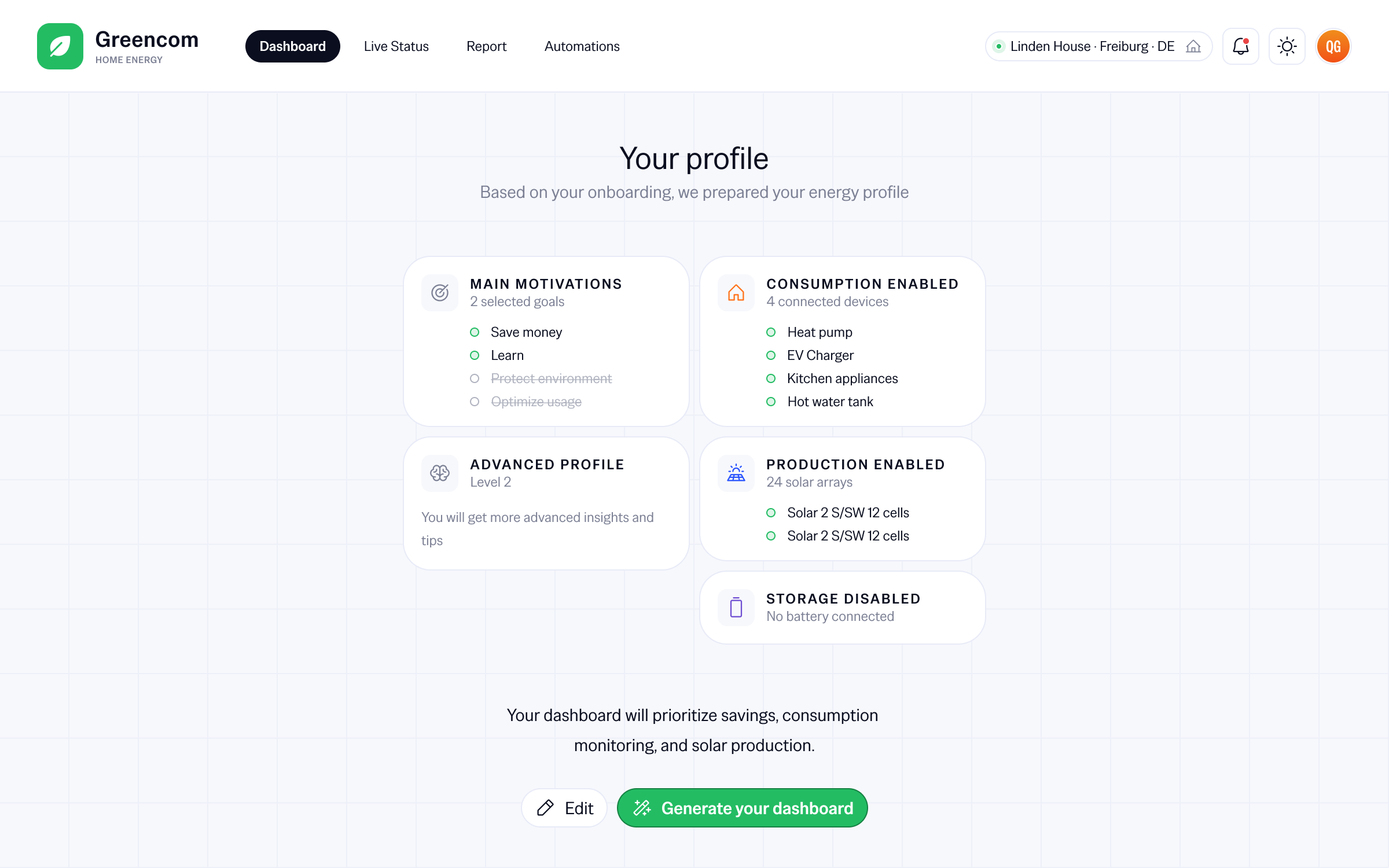 Profil énergétique généré pour un foyer, avec motivations, équipements et niveau de compréhension.