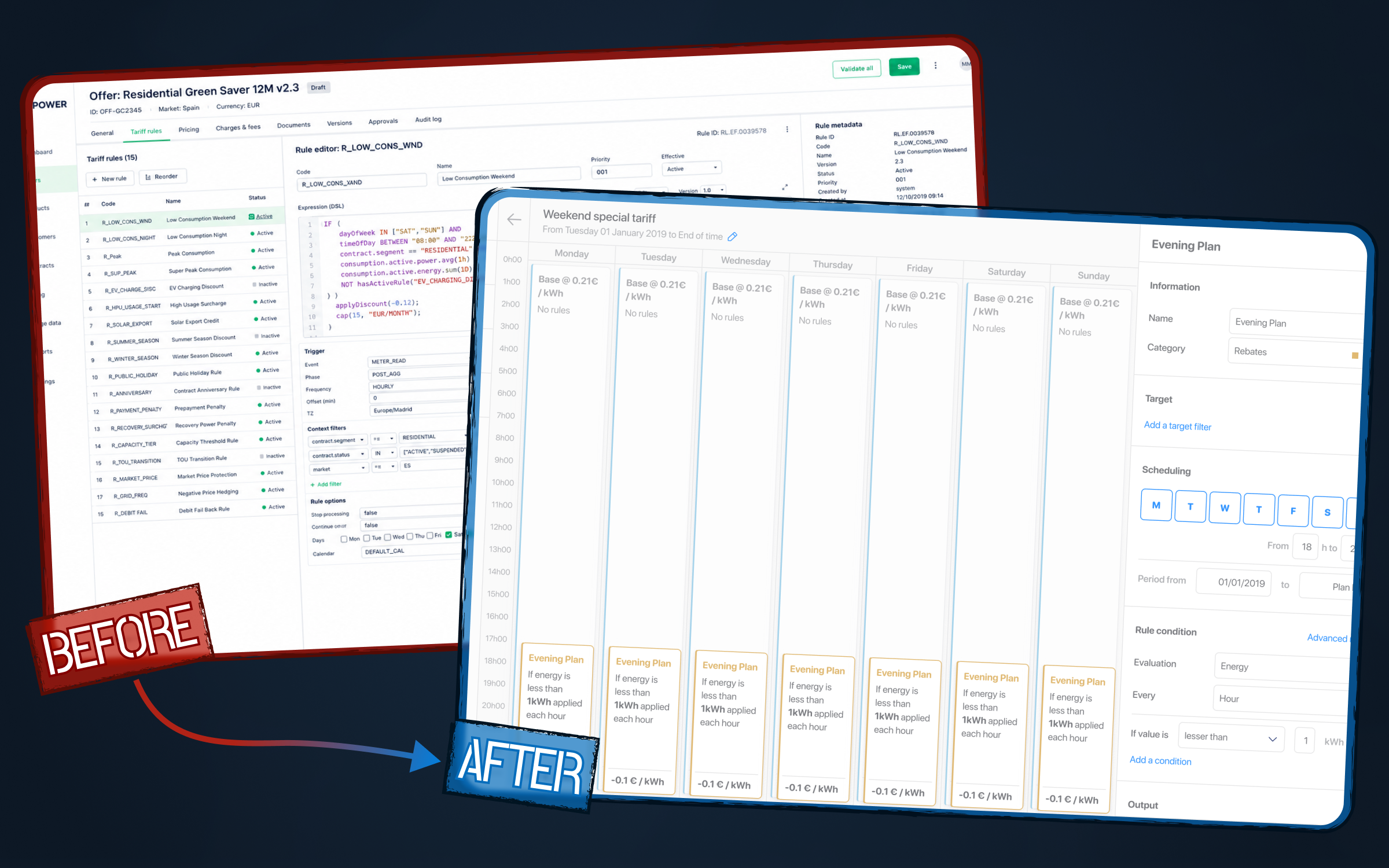 Vue avant/après montrant le passage d’une configuration technique des règles à une interface métier guidée pour créer et vérifier des offres d’énergie.